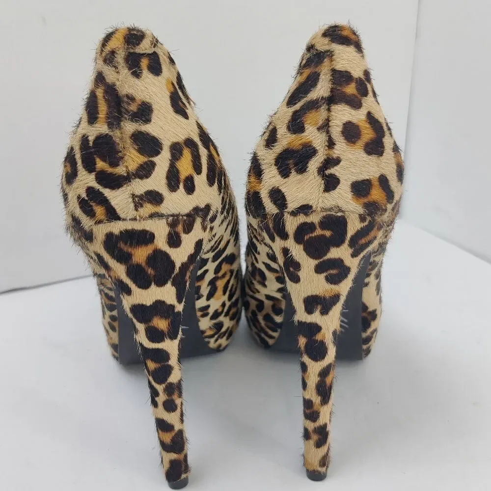 Kelsi Dagger 'Brette' Leopard Print Calf Hair Leather Platform Stiletto Sz 6